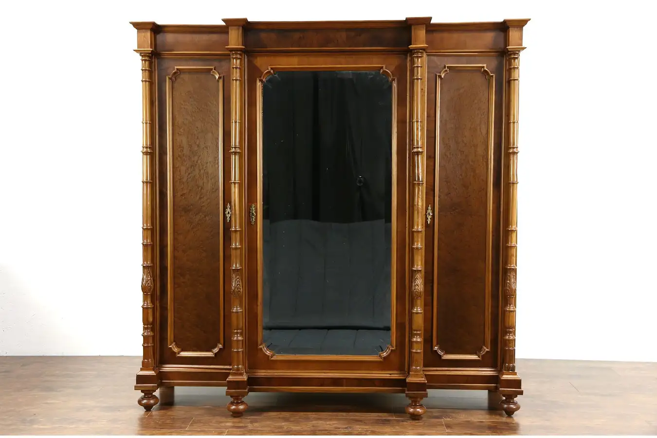 Main image of Italian 1900 Antique Walnut Triple Armoire, Wardrobe or Closet, Beveled Mirror