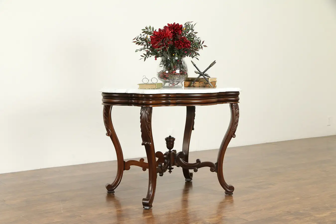 Main image of Victorian Antique Turtle Top Lamp or Hall Center Table, Marble Top