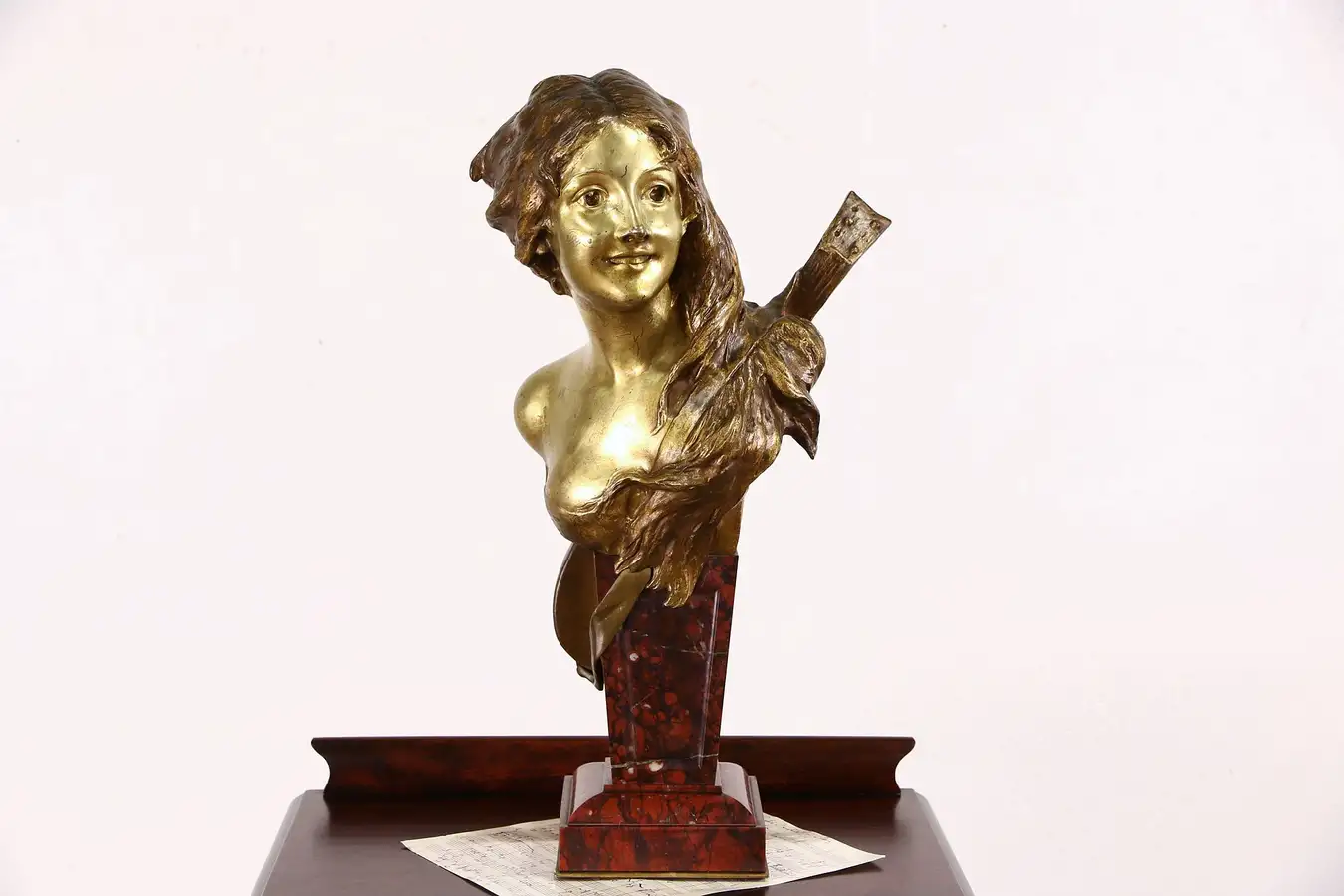Main image of Bronze 1900 Antique Sculpture, Young Woman & Mandoline, Signed Vander Straeten