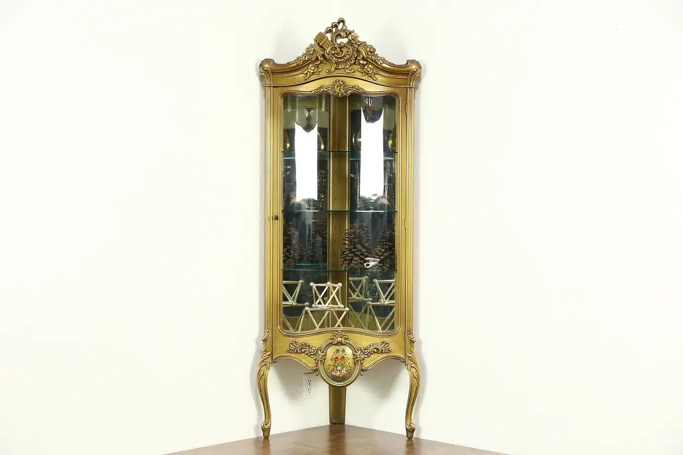 Main image of Corner Vintage Curved Glass Curio or China Display Cabinet, Bronze Finish