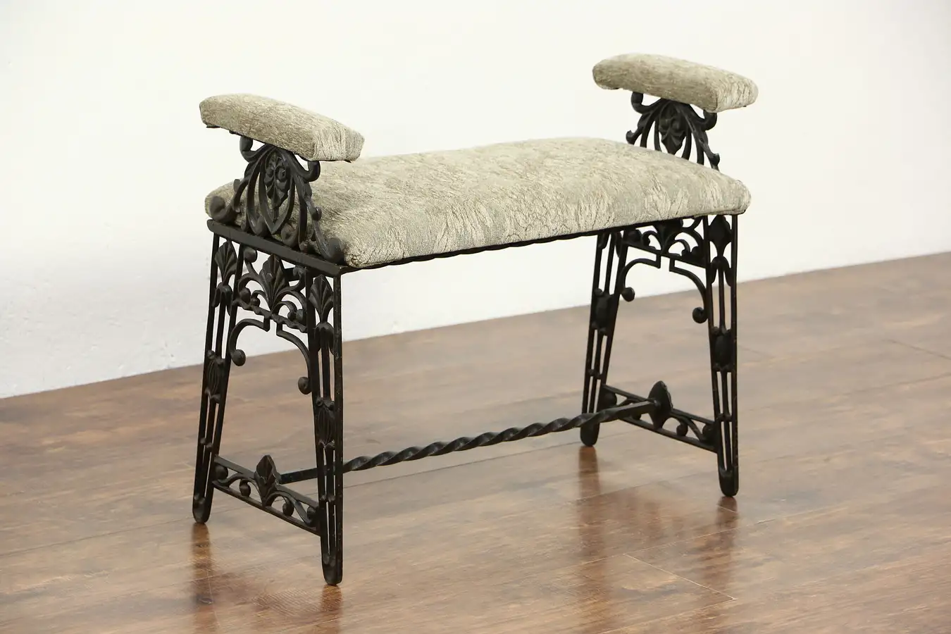 Main image of Art Deco 1930's Vintage Cast Iron Bench with Arms, New Upholstery