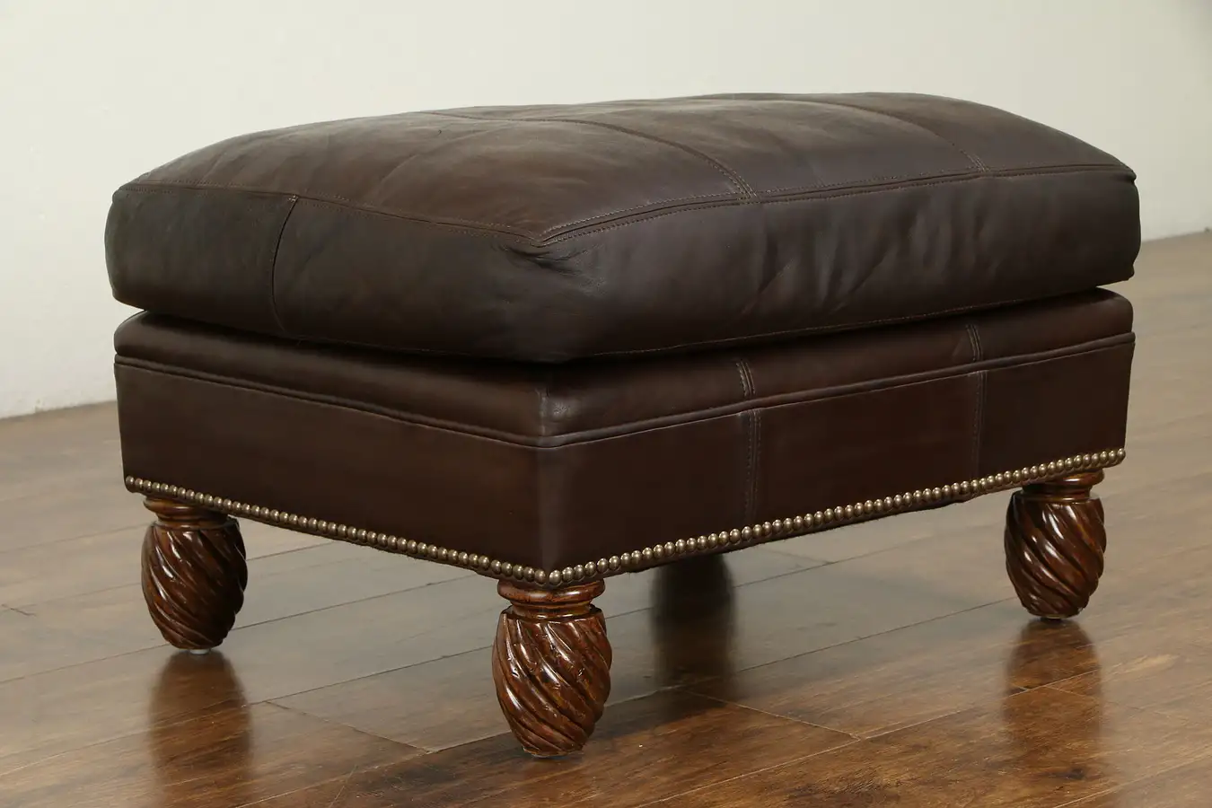 Main image of Leather Vintage Stool, Bench or Ottoman, Brass Nailhead Trim, Classic