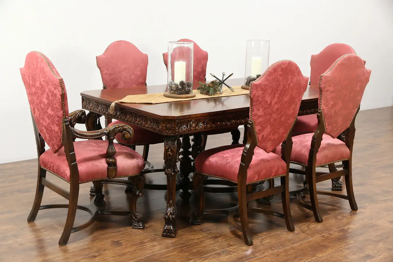 Main image of Renaissance Carved Antique 1925 Dining Set, Table With Banded Top & 6 Chairs