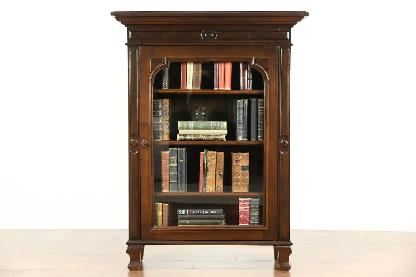 Main image of Victorian Walnut & Burl Bookcase, Bath Cabinet, Wavy Glass, Adjustable Shelves