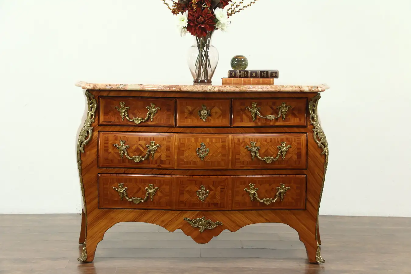 Main image of Italian Vintage Marble Top Tulipwood Marquetry Bombe Chest or Commode