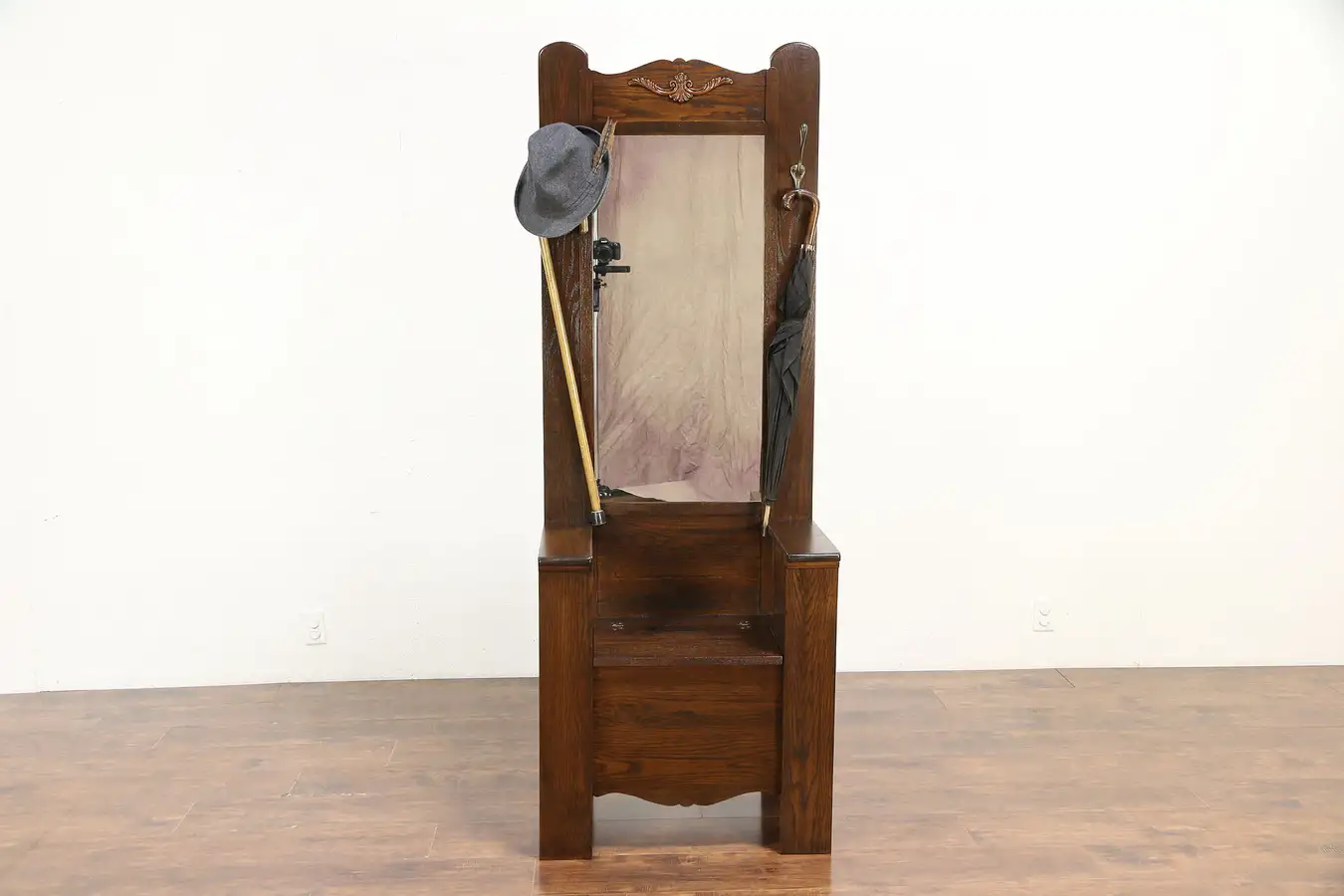 Main image of Oak Antique Hall Stand or Dressing Room Bench, Mirror & Hooks