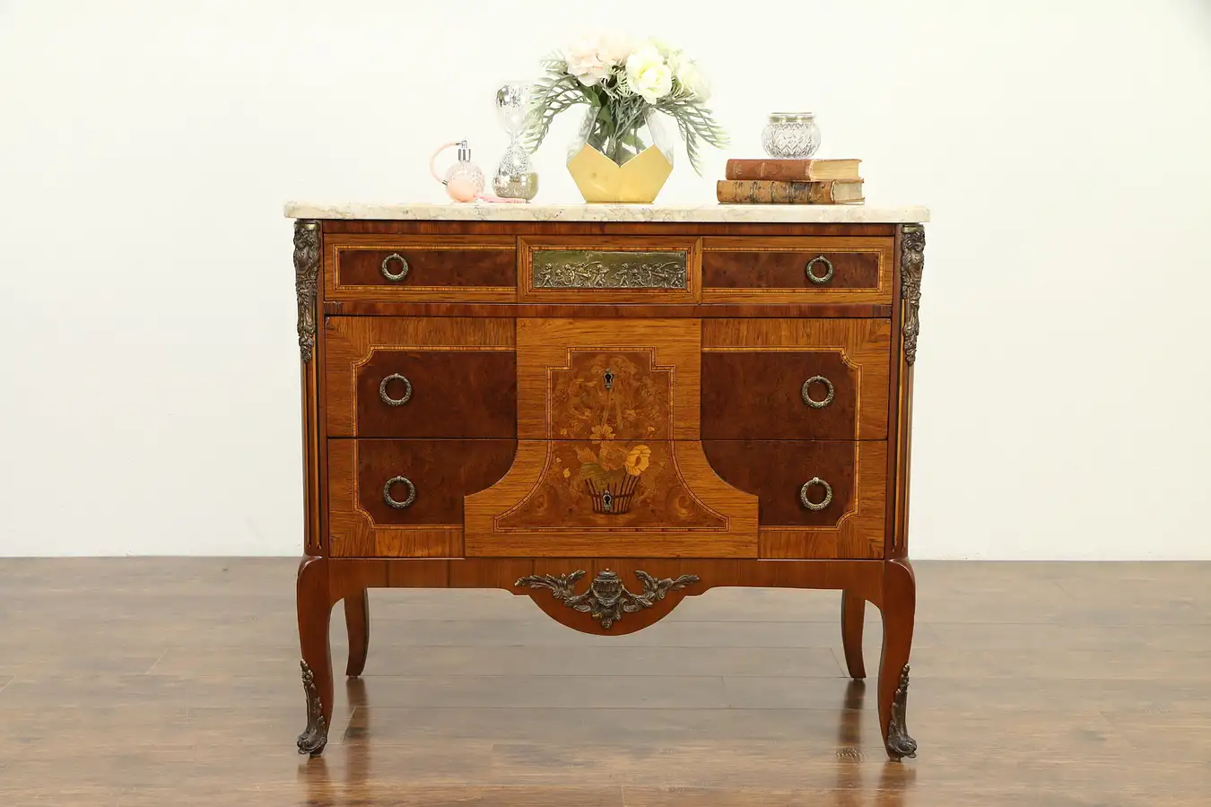Main image of French Antique Rosewood Marquetry Chest, Cherub Plaque, Marble Top