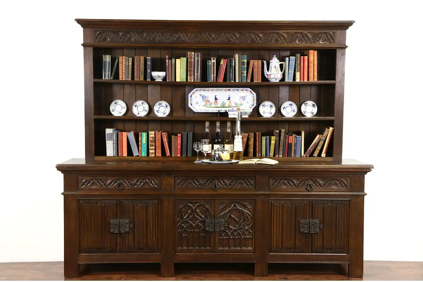 Main image of Dutch Oak 1920's Antique Gothic Carved Pewter Cupboard Sideboard or Bookcase