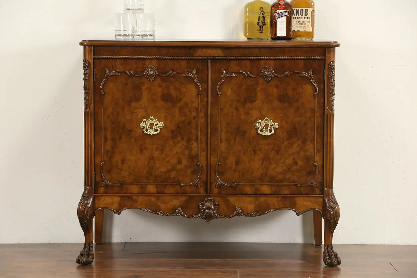 Main image of Burl Carved 1950 Vintage Huntboard, Sideboard, Console or Server, Paw Feet