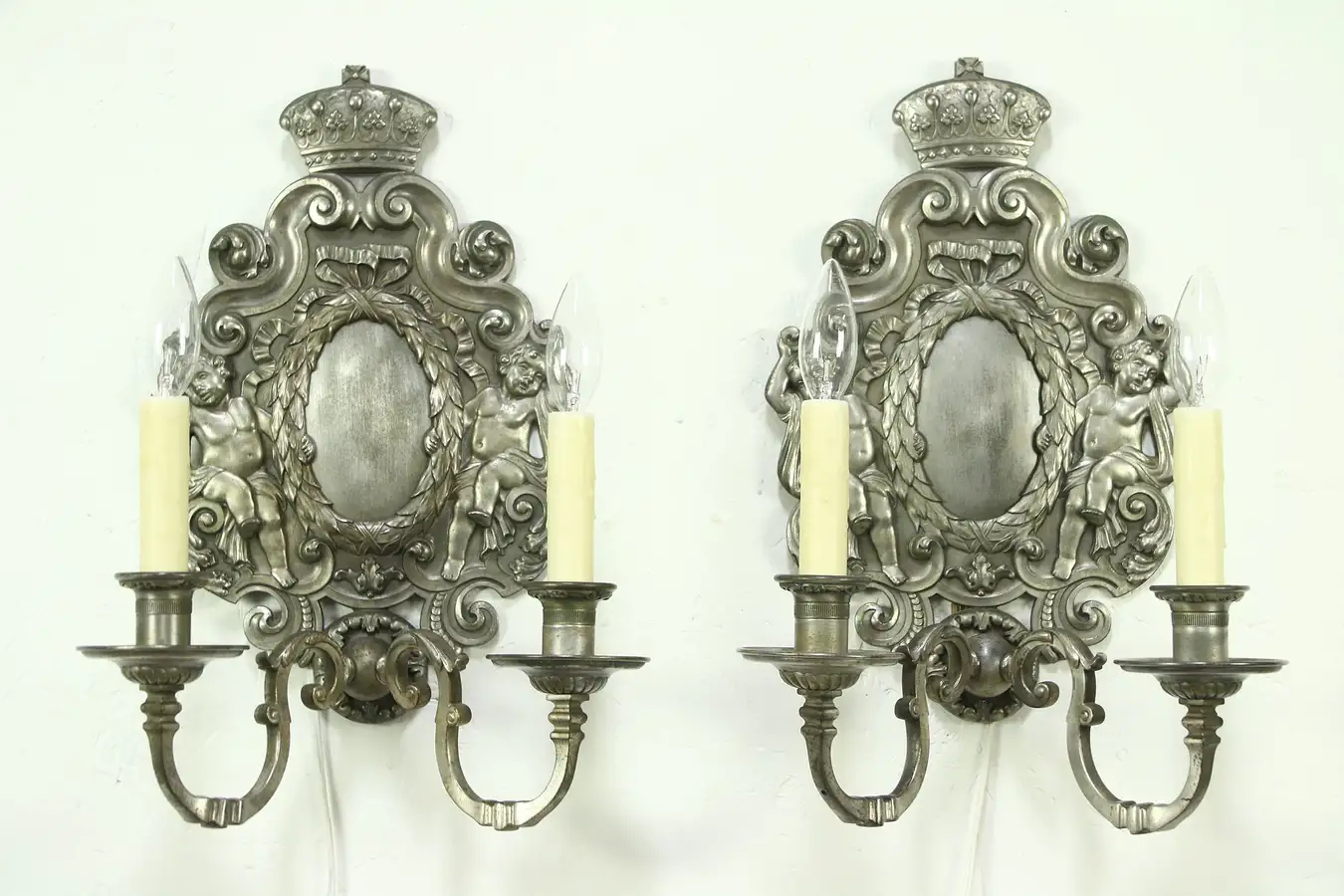 Main image of Pair 1920 Antique Cherub Sconce Lights, Smokey Mirror, Signed Sterling Bronze NY