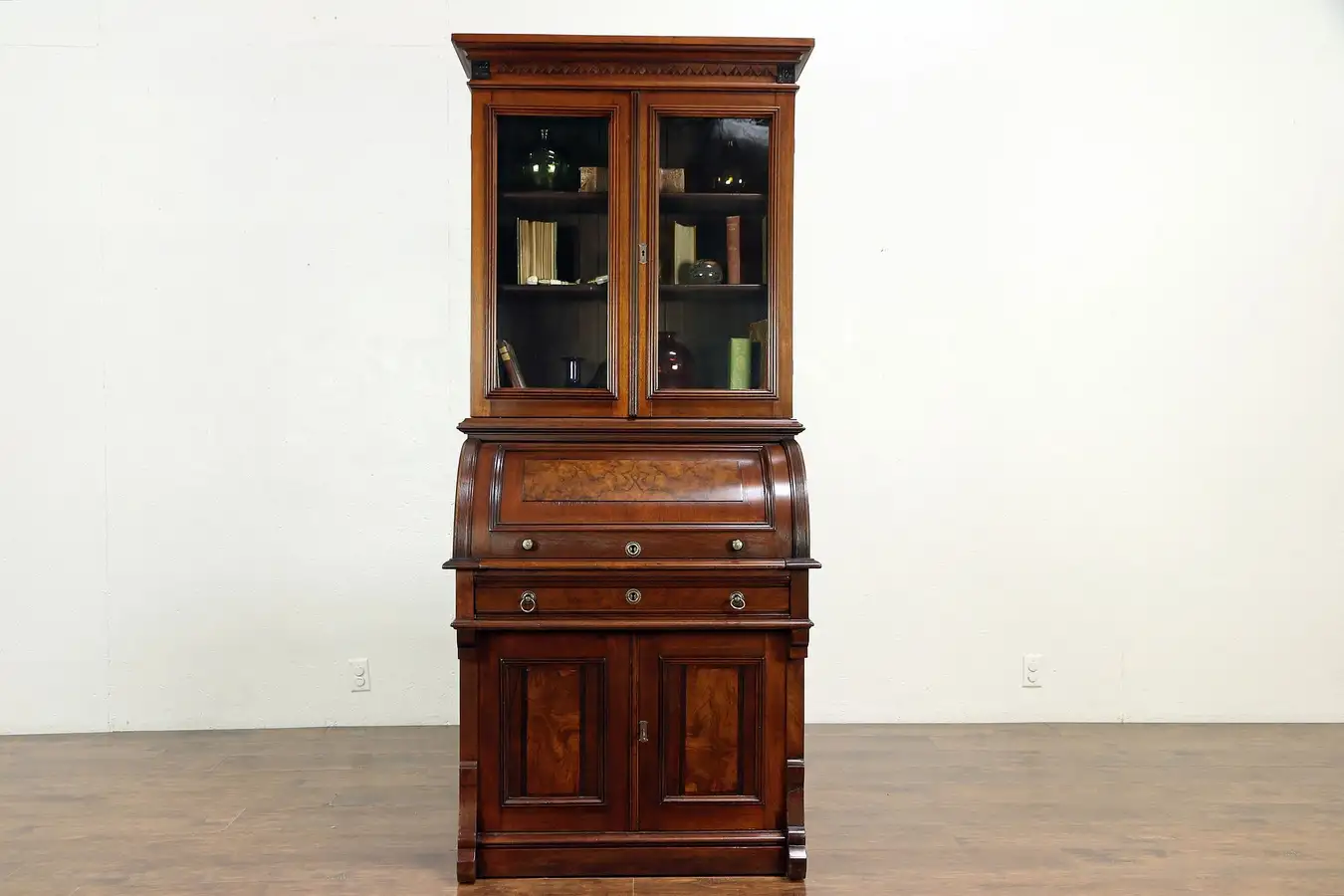 Main image of Victorian Antique Walnut Cylinder Roll Top Secretary Desk & Bookcase