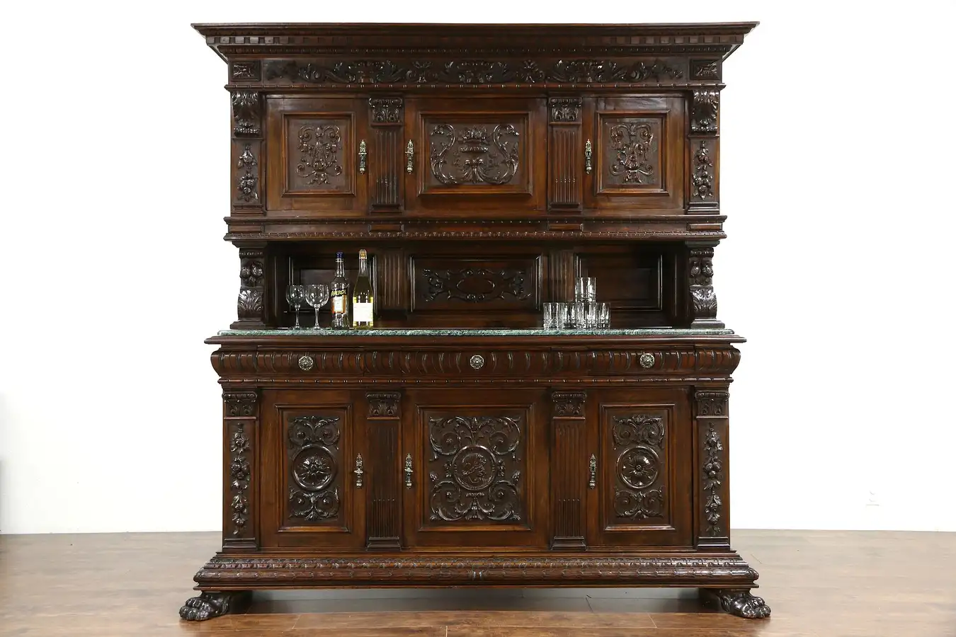 Main image of Italian Renaissance 1900 Antique Back Bar, China Cabinet Sideboard, Marble Top