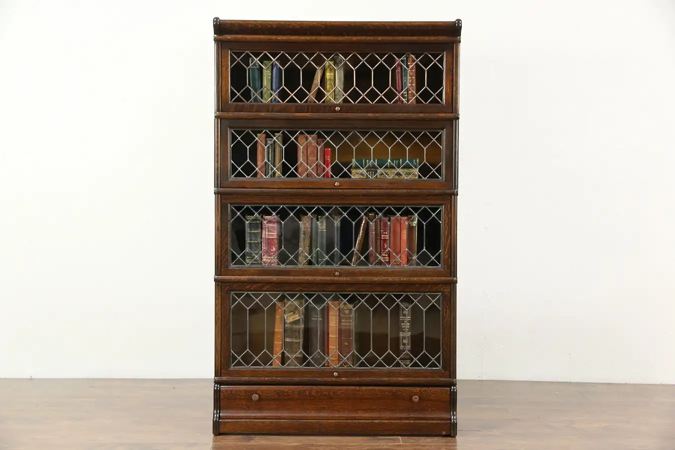 Main image of Oak 1900 Antique Stacking Bookcase, 4 Leaded Glass Doors, Globe & Macey