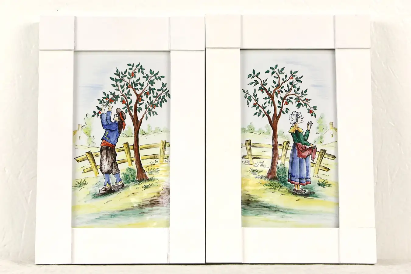 Main image of Pair Faience Hand Painted Ceramic Plaques, Fruit Pickers Signed Malicorne France