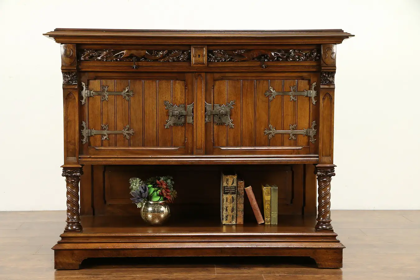 Main image of Swedish Antique Hunting Lodge Sideboard Bar Cabinet, Marble, Carved Dogs