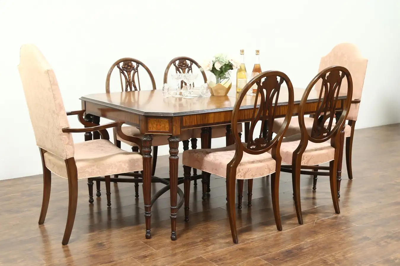 Main image of Marquetry Inlaid Satinwood Antique Dining Set, 6 Chairs, Table, 3 Leaves