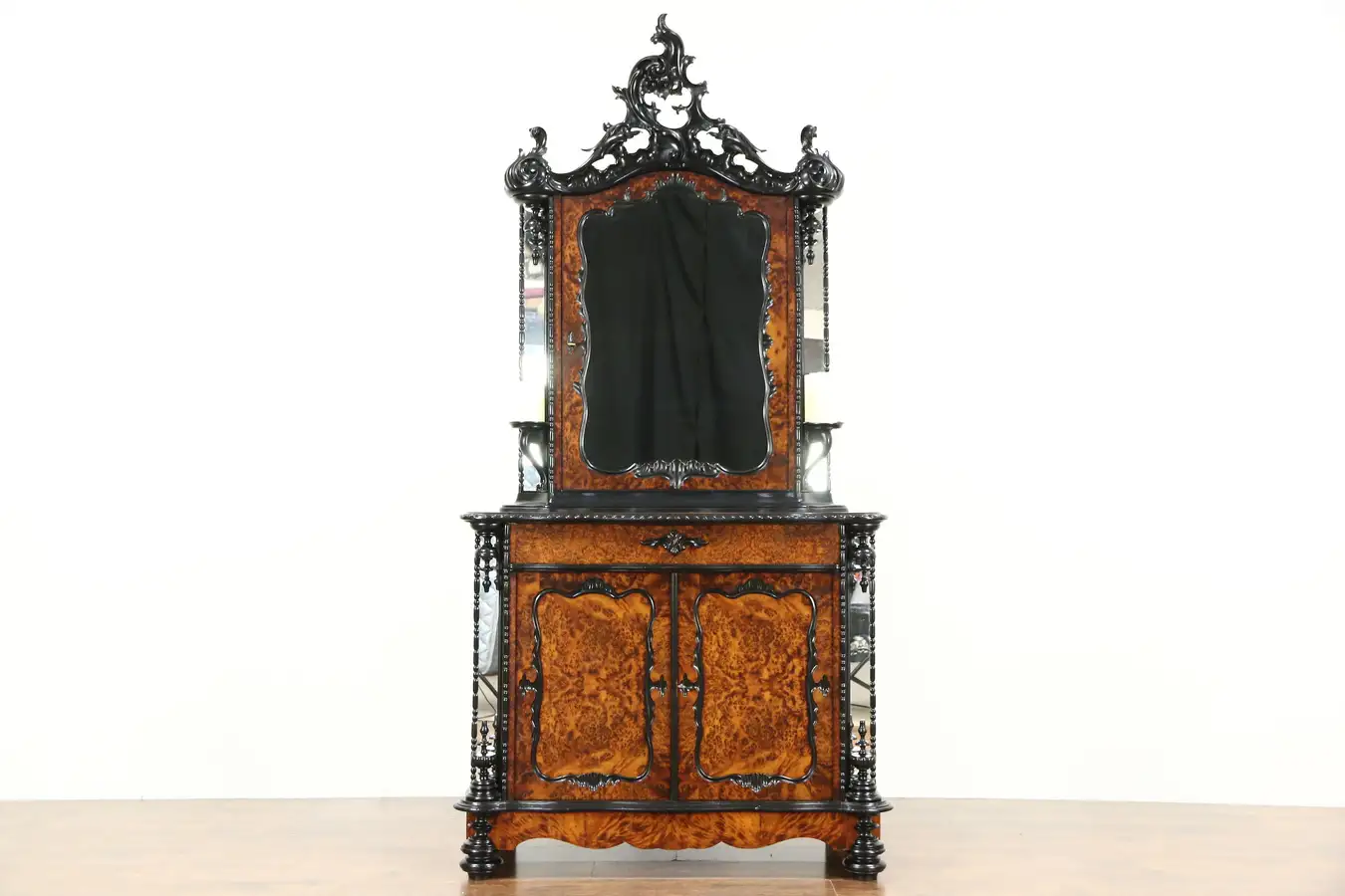 Main image of Ship Captain 1870 Antique Bar Cabinet, Wave & Dolphin Motifs, Denmark