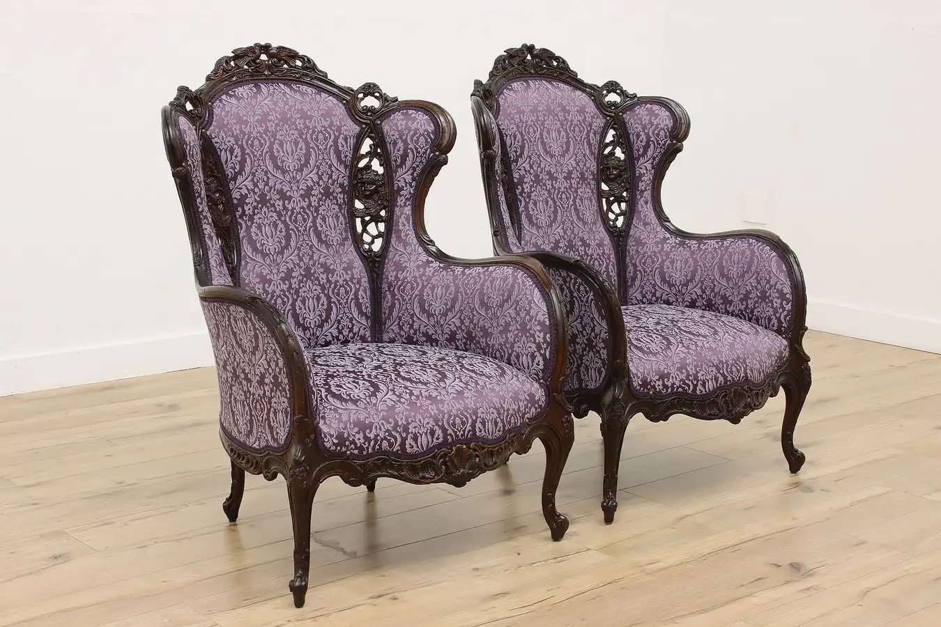 Main image of Pair French Design Vintage Carved Wingback Music Room Chairs