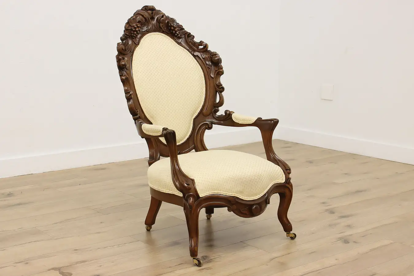 Main image of Victorian Antique Walnut Library Chair Hand Carved Fruits
