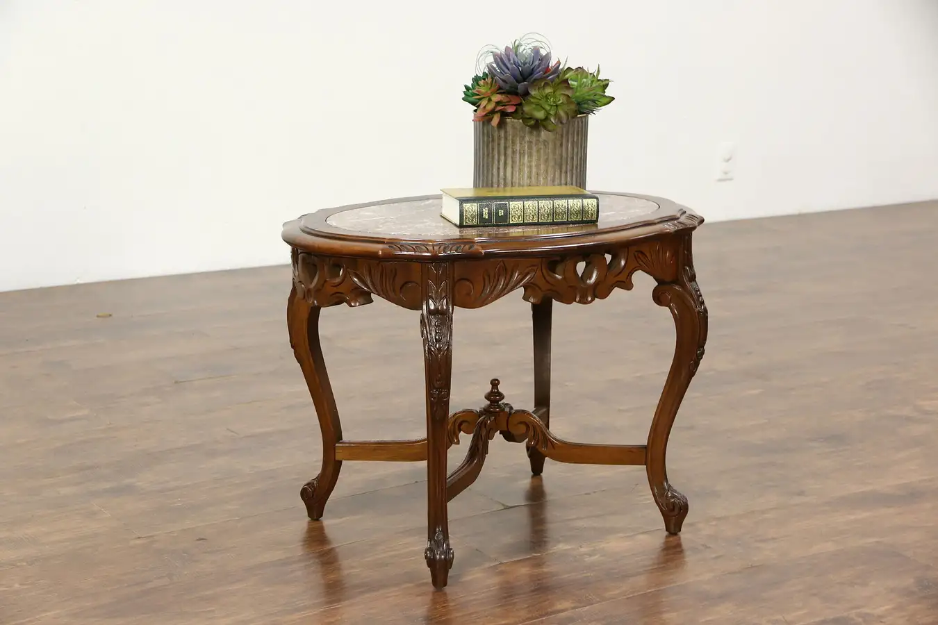 Main image of Oval Carved 1930 Vintage Walnut Coffee Table, Tennessee Red Marble Top
