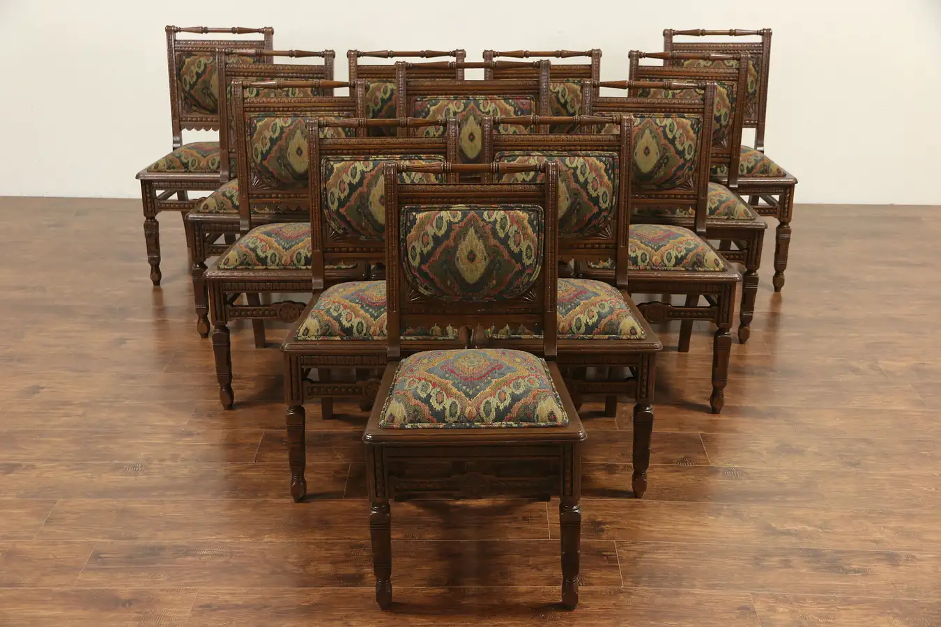 Main image of Set of 12 Victorian Eastlake Oak 1880 Antique Dining Chairs, New Upholstery