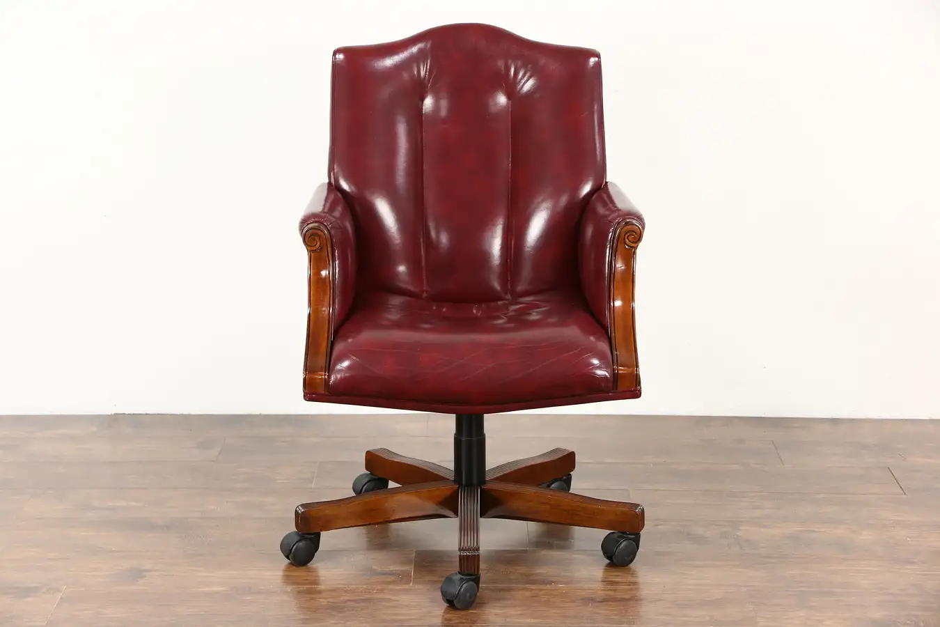 Main image of Desk Swivel Chair, Adjustable Vintage Mahogany & Leather, Signed Councill