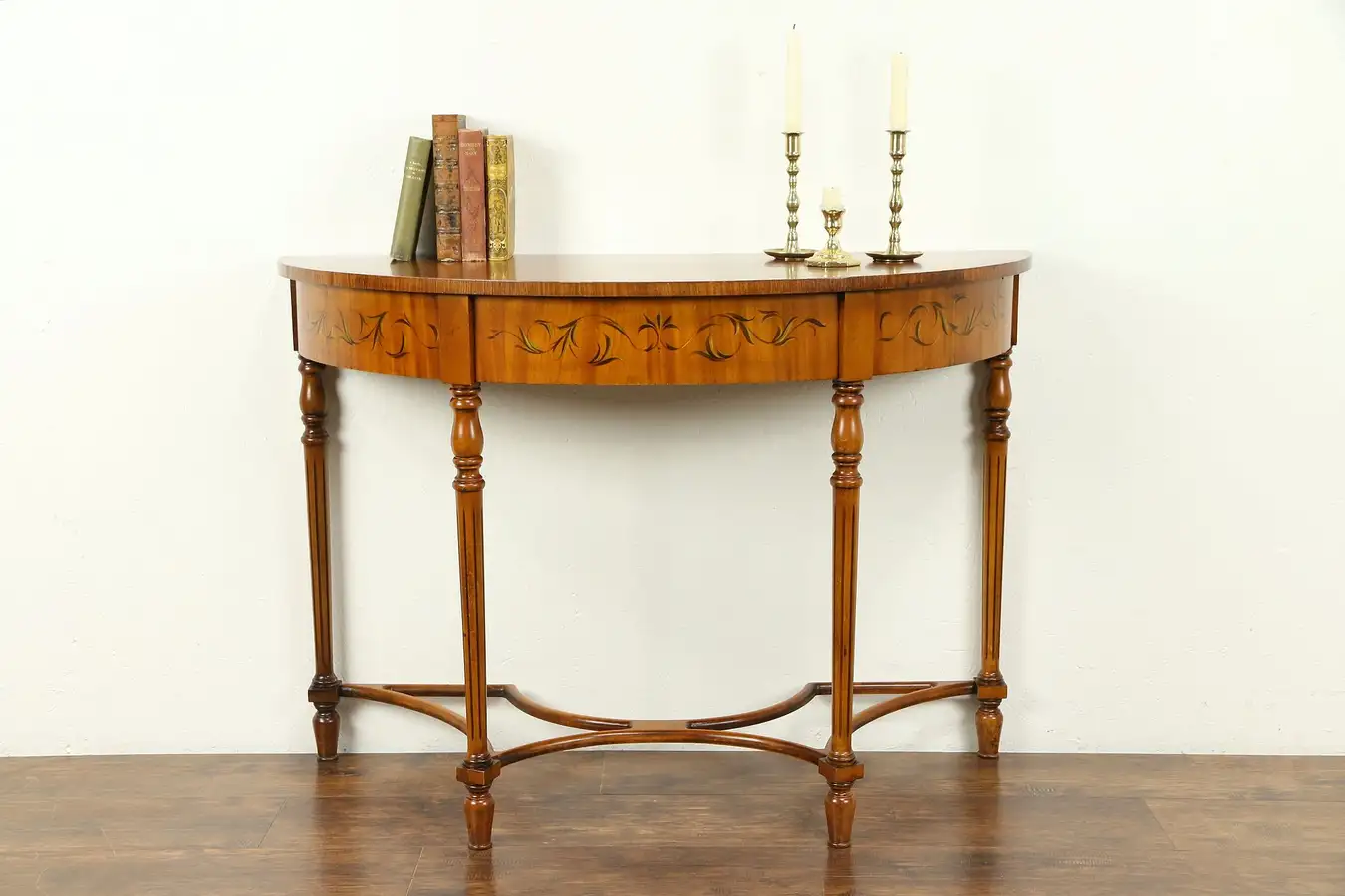 Main image of Demilune Half Round Vintage Hall Console Table, Hand Painted Angels