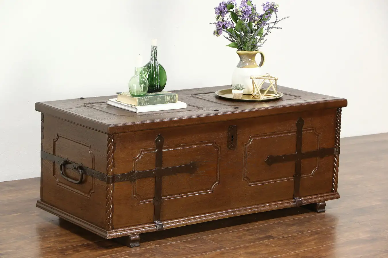 Main image of Swedish Oak 1850 Antique Trunk or Coffee Table, Wrought Iron Mounts