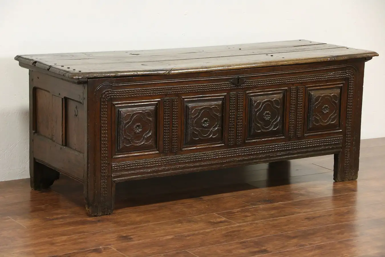 Main image of French 1750 Era Carved Oak Dowry Trunk or Blanket Chest