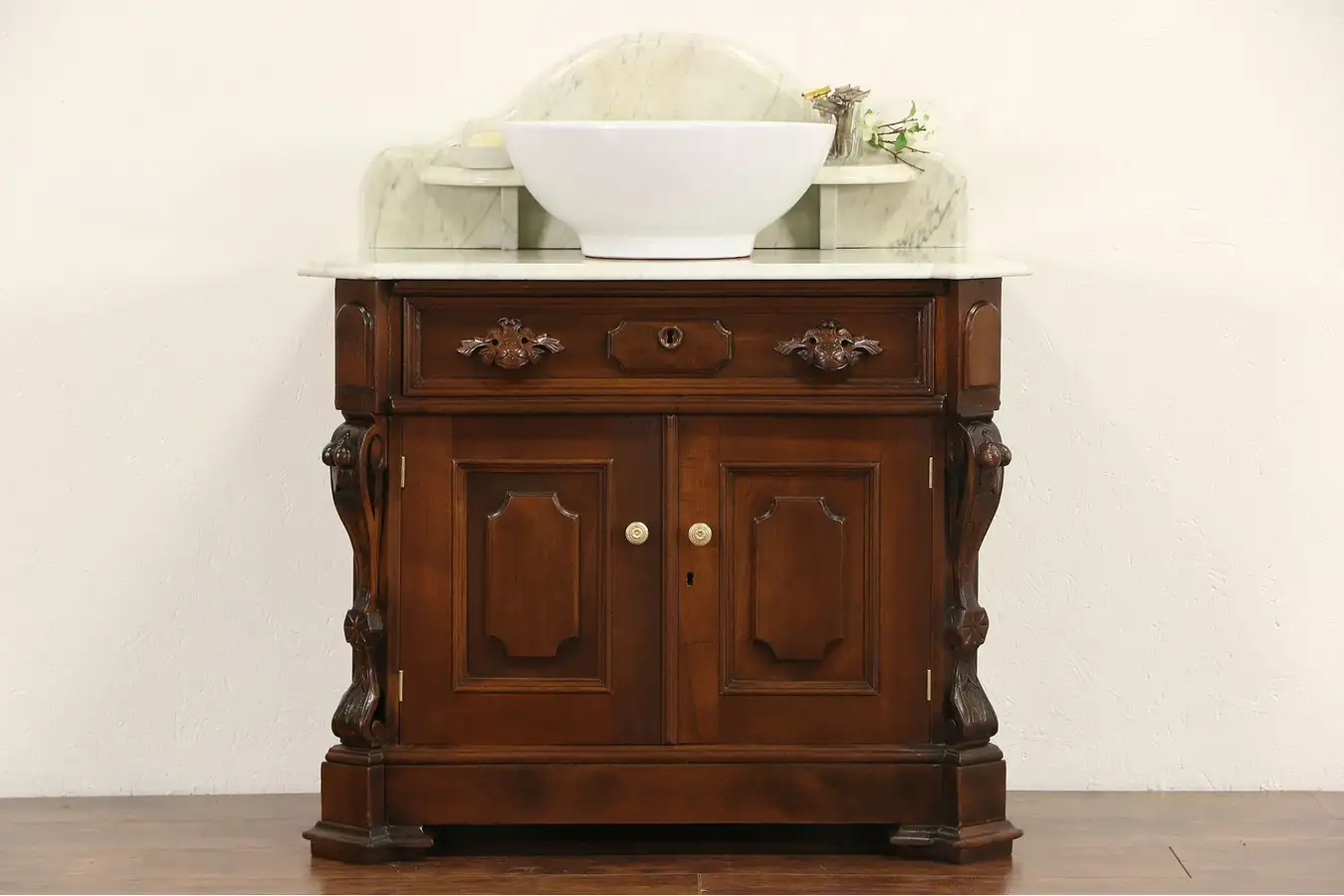 Main image of Victorian Carved Walnut 1870 Antique Marble Top Commode, Sink Vanity or Bar