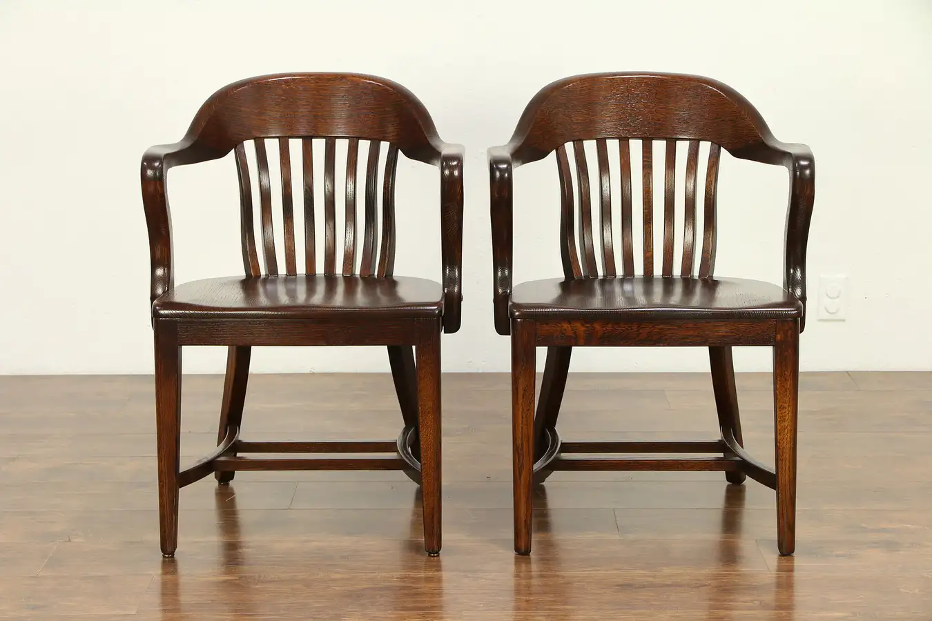 Main image of Pair of Quarter Sawn Oak 1910 Antique Banker, Desk or Office Chairs