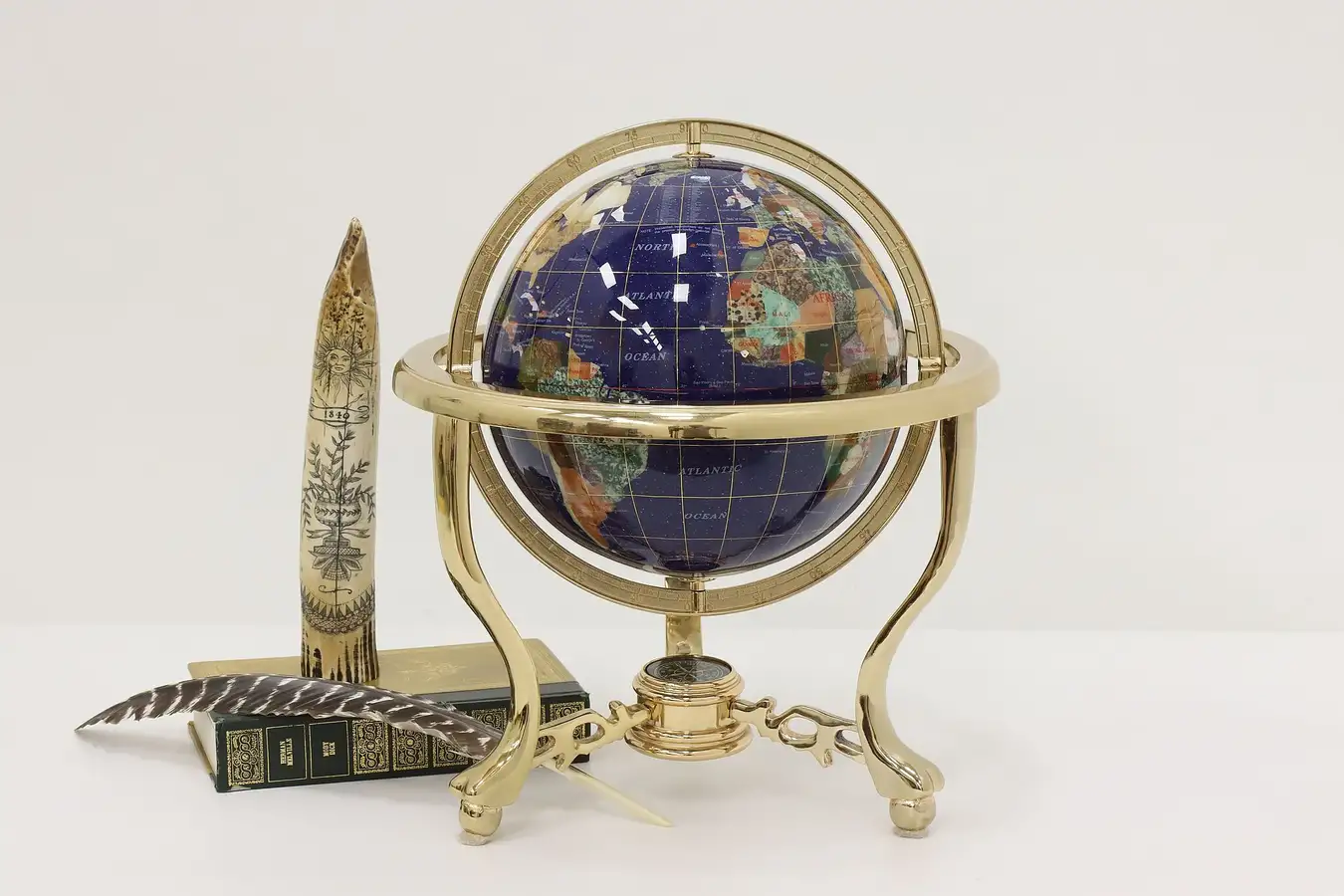 Main image of Semi-Precious Gemstone Vintage World Globe, Stand, Compass