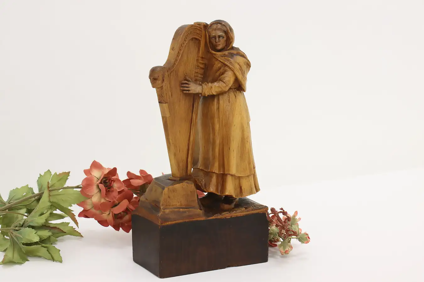 Main image of Swiss Folk Art Antique Carved Woman Playing Harp Sculpture