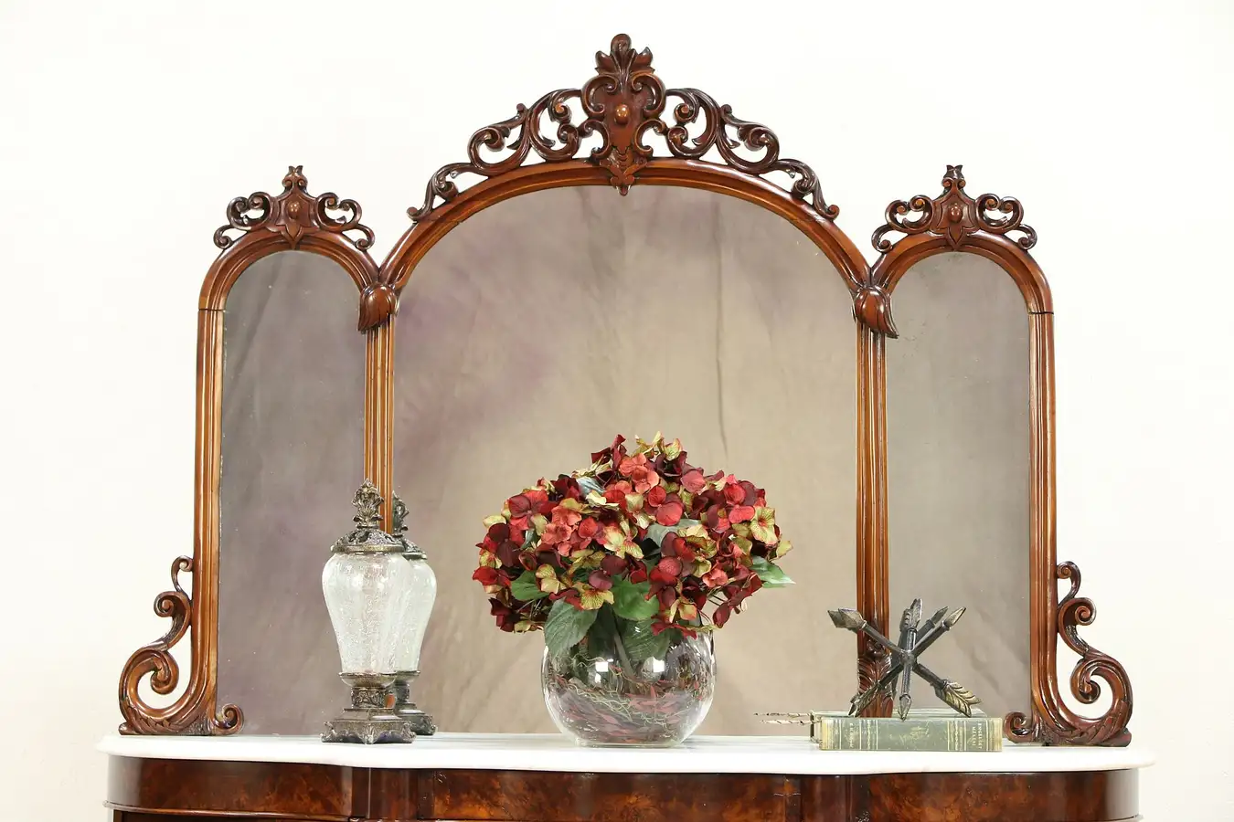 Main image of Victorian English Antique Salvage Triple Mantel Mirror, Carved Mahogany