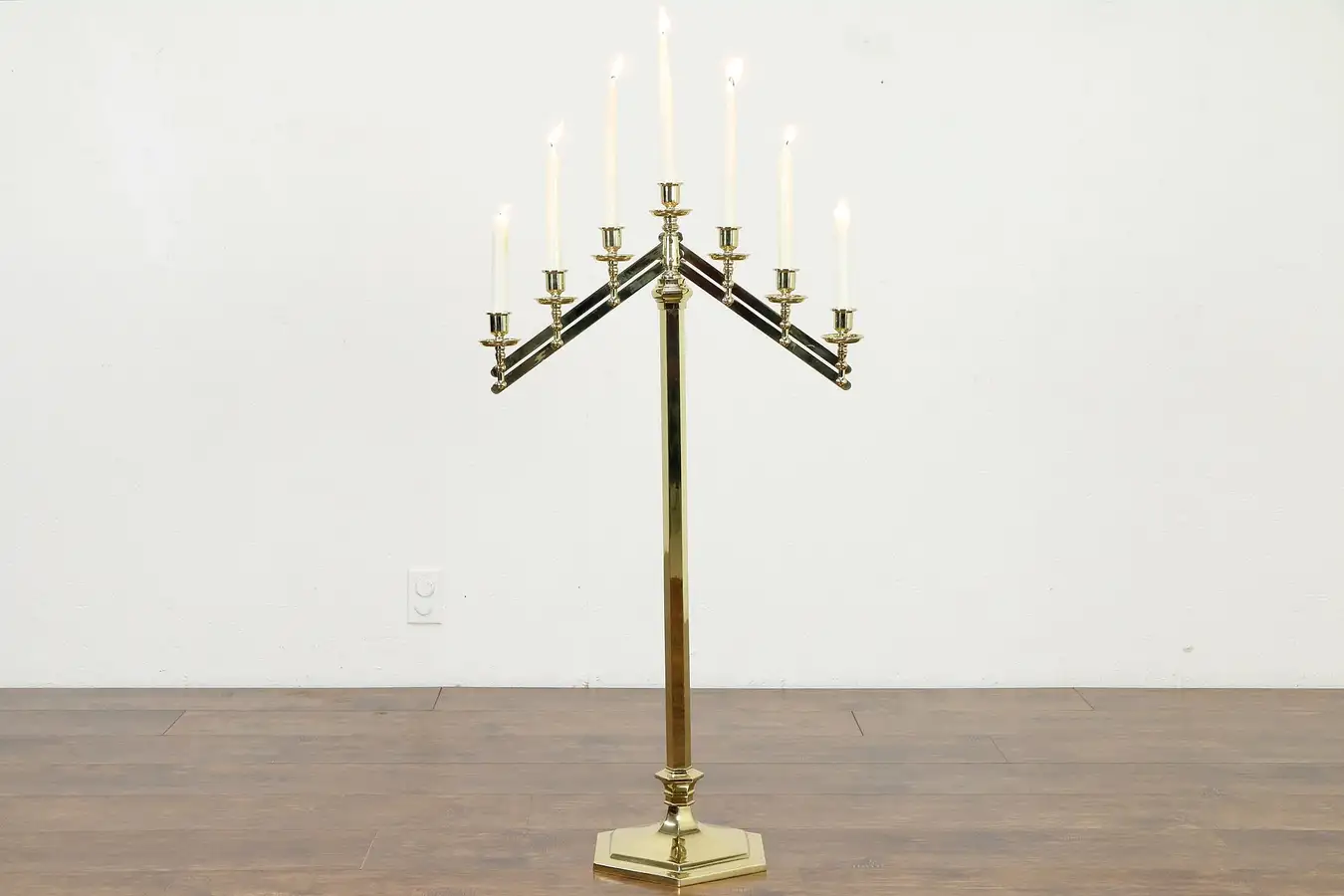Main image of Brass 7 Light Adjustable Angle & Height Candelabra, signed Rostand