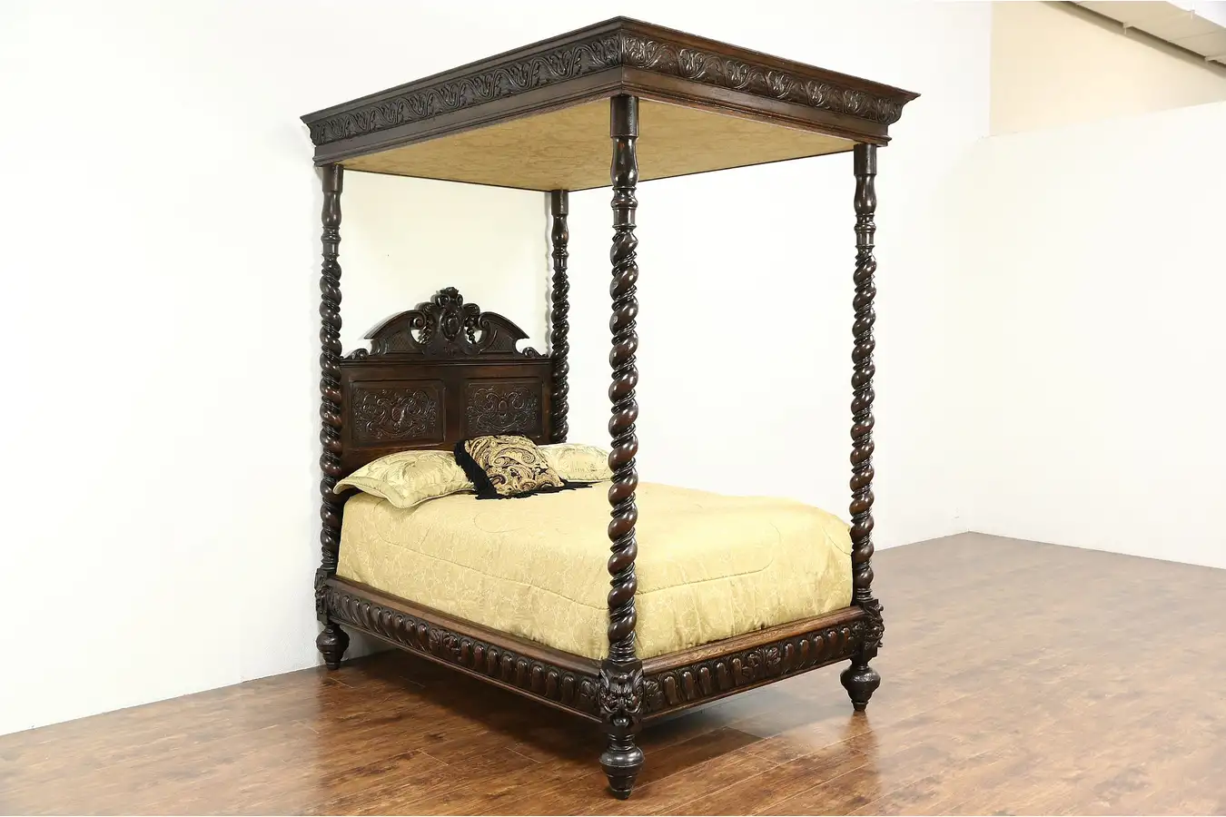 Main image of Italian Antique 1870 Canopy Bed, Hand Carved Oak Gargoyles, Spiral Columns
