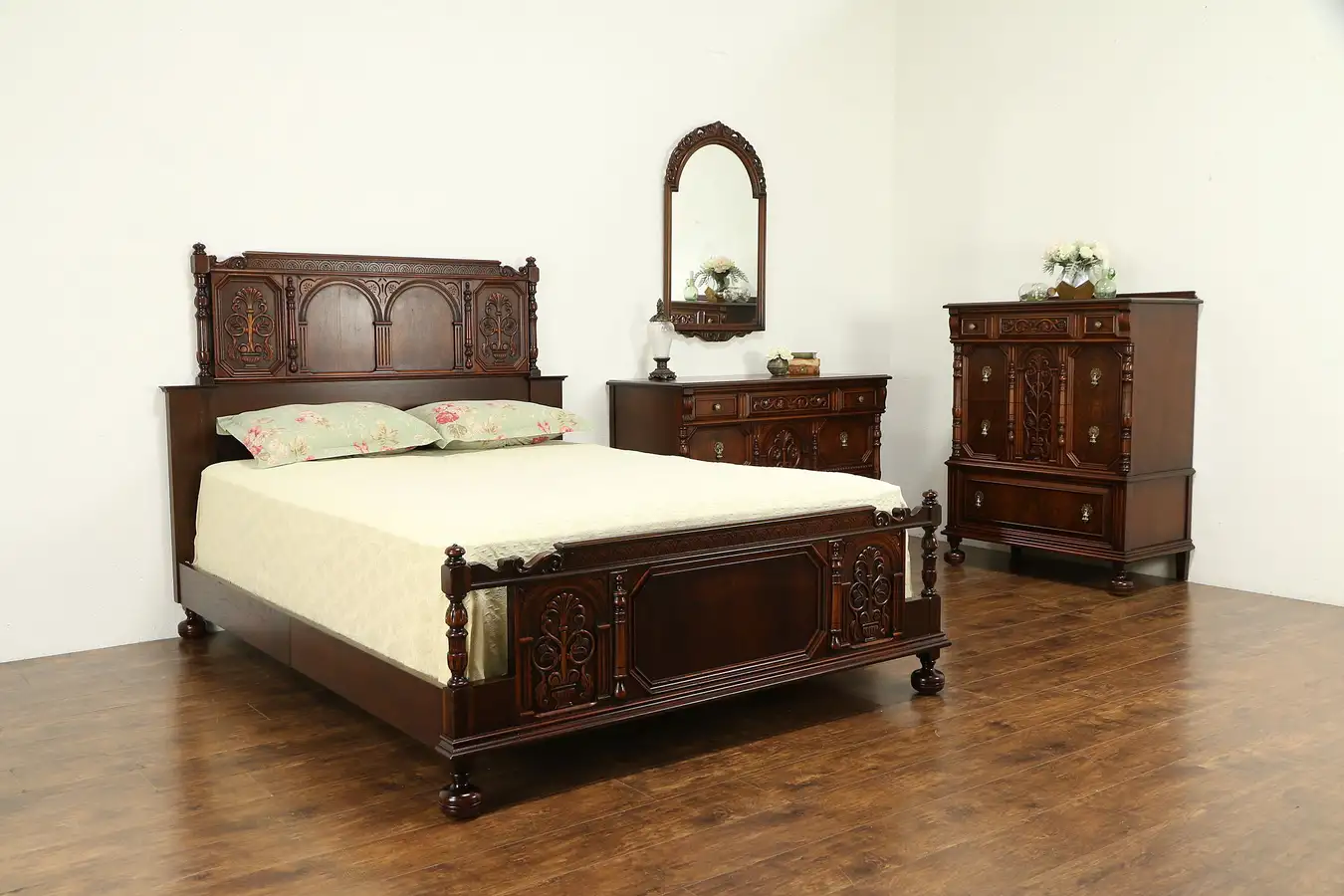 Main image of English Tudor Antique 4 Pc. Walnut Bedroom Set, Queen Size Bed