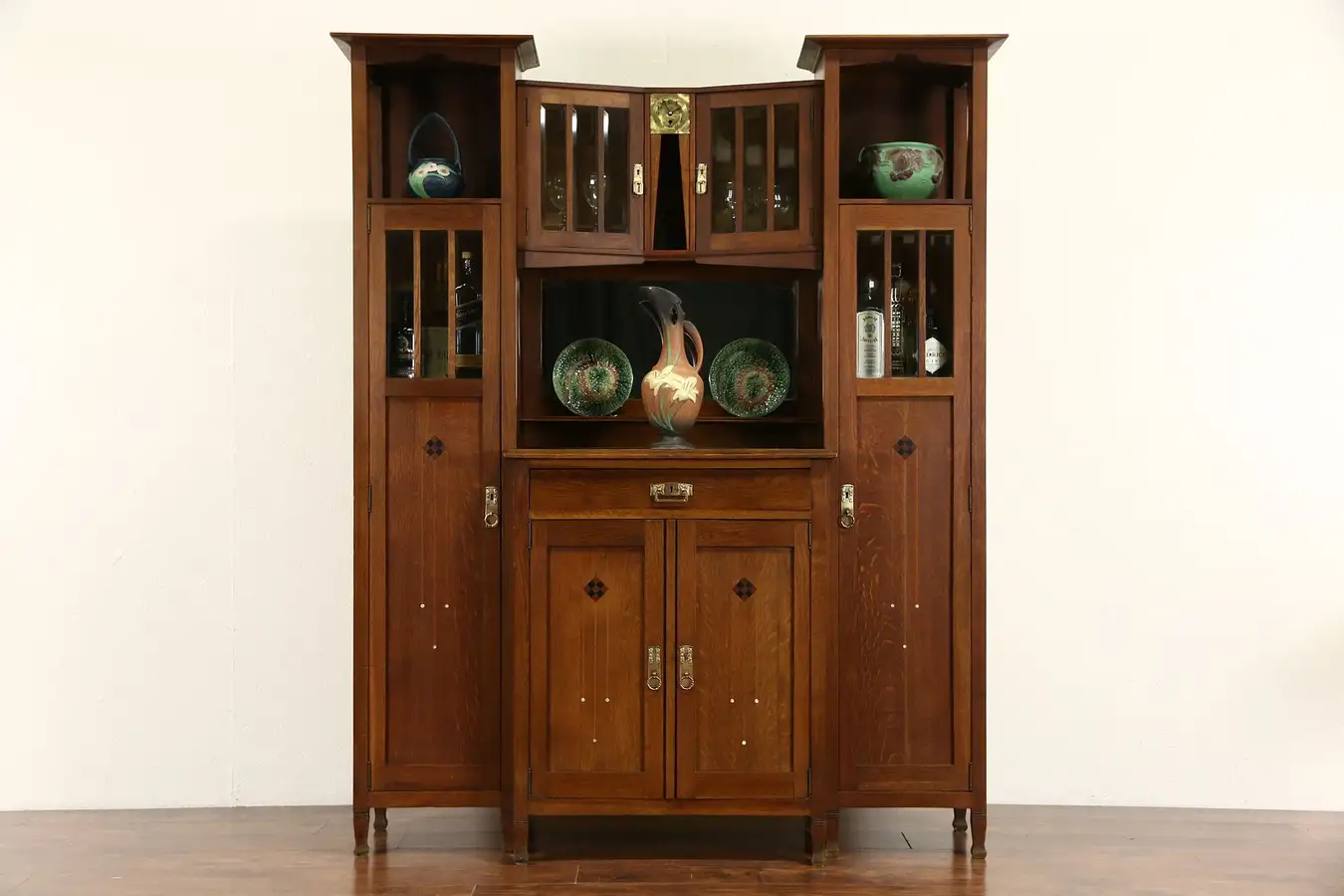 Main image of English Arts & Crafts 1910 Antique Oak Sideboard, Server, Bar or China Cabinet