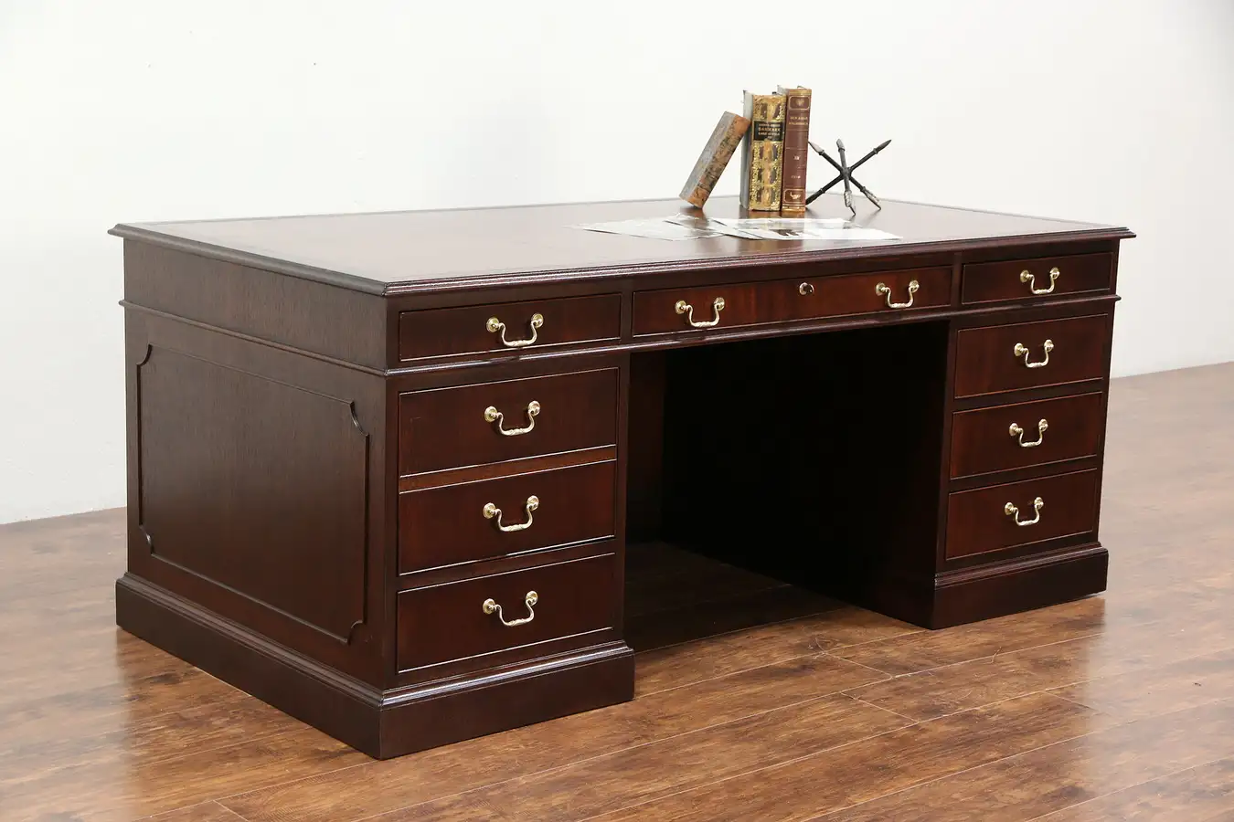 Main image of Traditional Mahogany Library or Executive Desk, Leather Top, Signed Kittinger