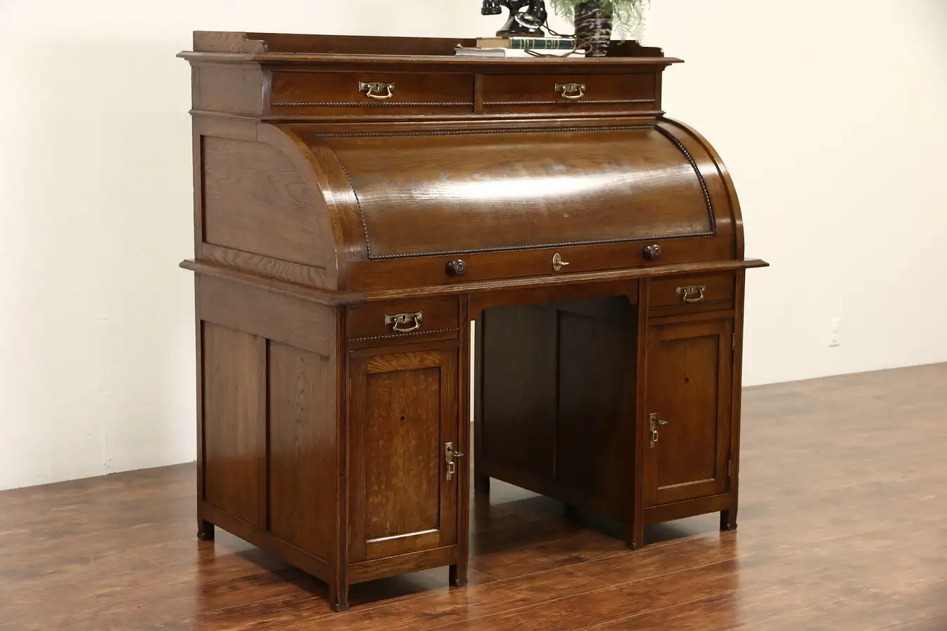 Main image of German Cylinder or Barrel Rolltop Antique 1910 Oak Desk, Original Finish & Pulls
