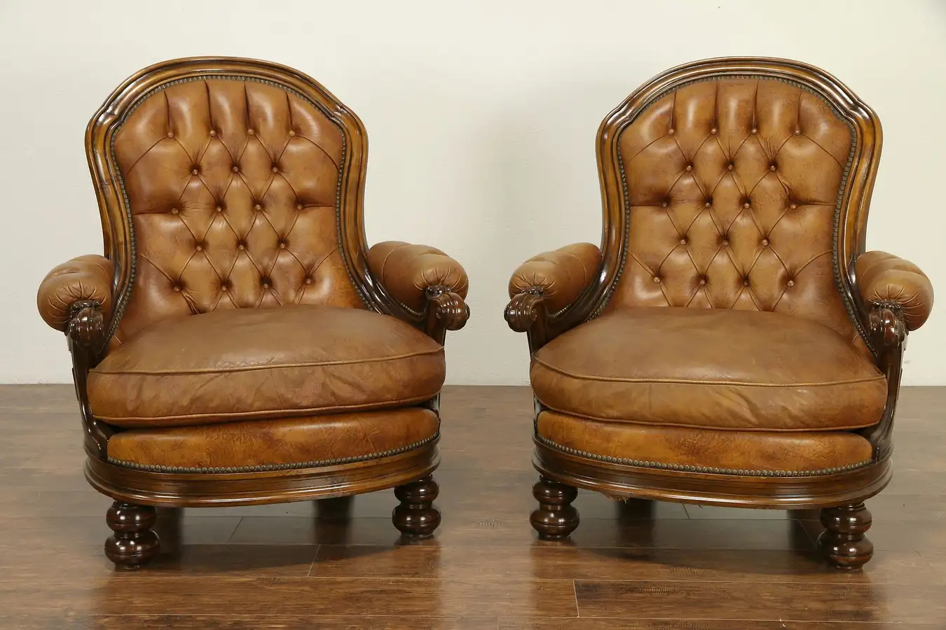 Main image of Italian Vintage Tufted Leather Pair Carved Chairs, Down Cushions +