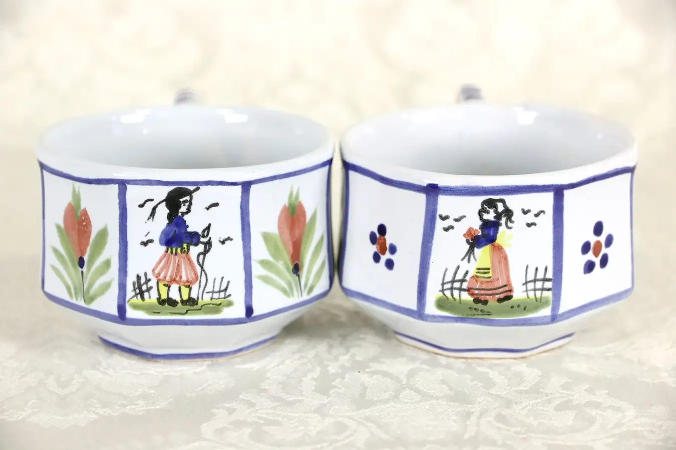 Main image of Set of 2 Coffee Cups, Quimper Hand Painted Brittany, France