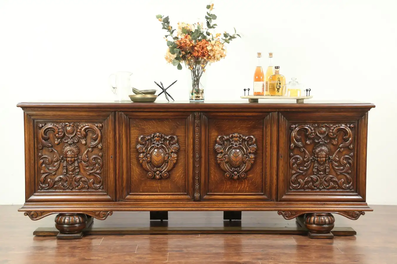 Main image of Oak Carved Vintage Sideboard or Credenza, Wide TV Console, Scandinavia