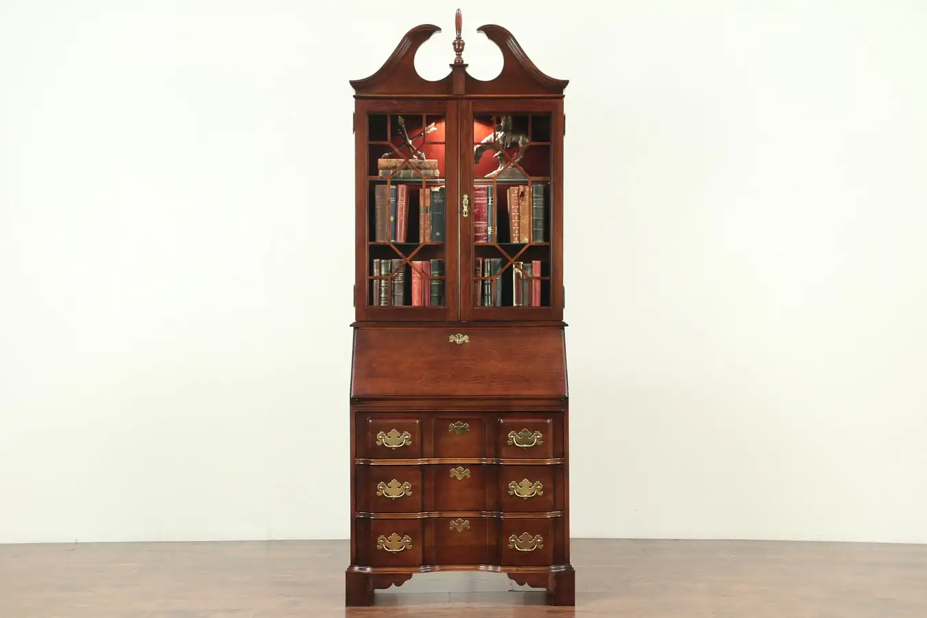 Main image of Cherry Vintage Block Front Secretary Desk, Lighted Bookcase signed Jasper