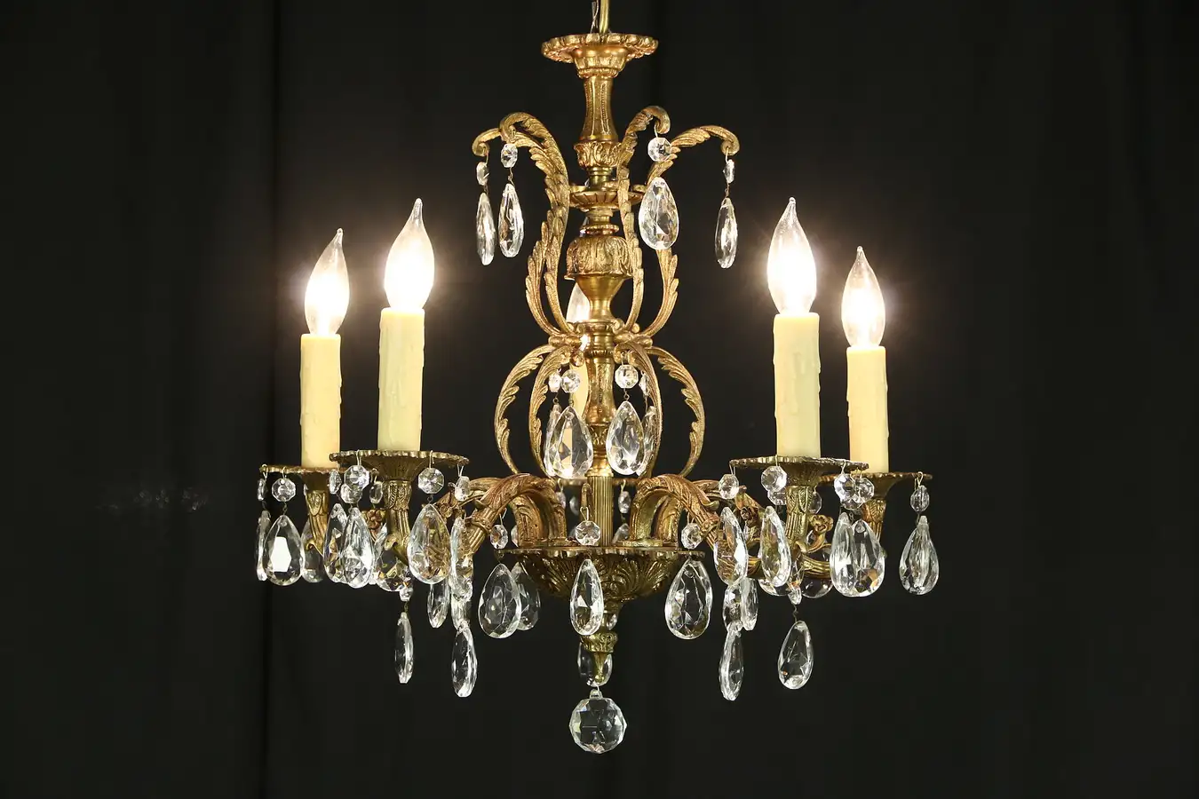 Main image of Chandelier with 5 Candles, Vintage Embossed Bronze Finish, Cut Crystal Prisms