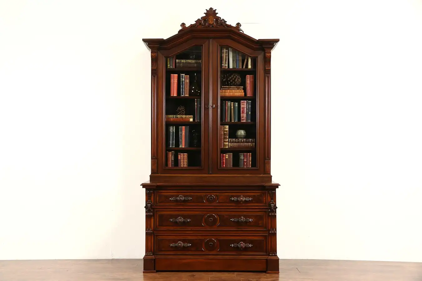 Main image of Victorian 1870 Antique Carved Walnut Library Bookcase, Secret Drawer