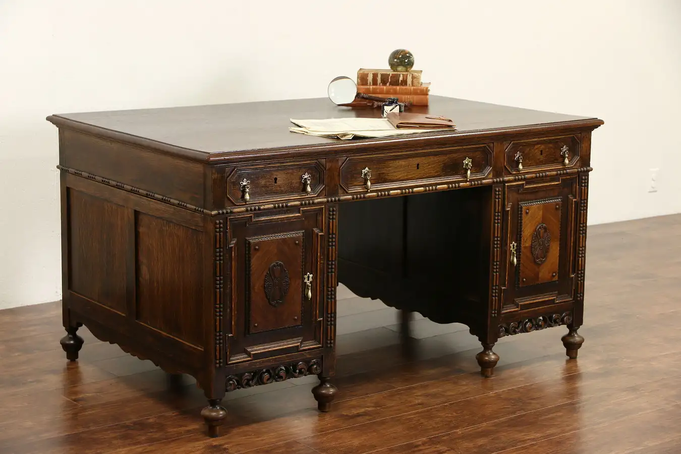 Main image of Dutch Renaissance Carved Oak 1910 Antique Library Desk