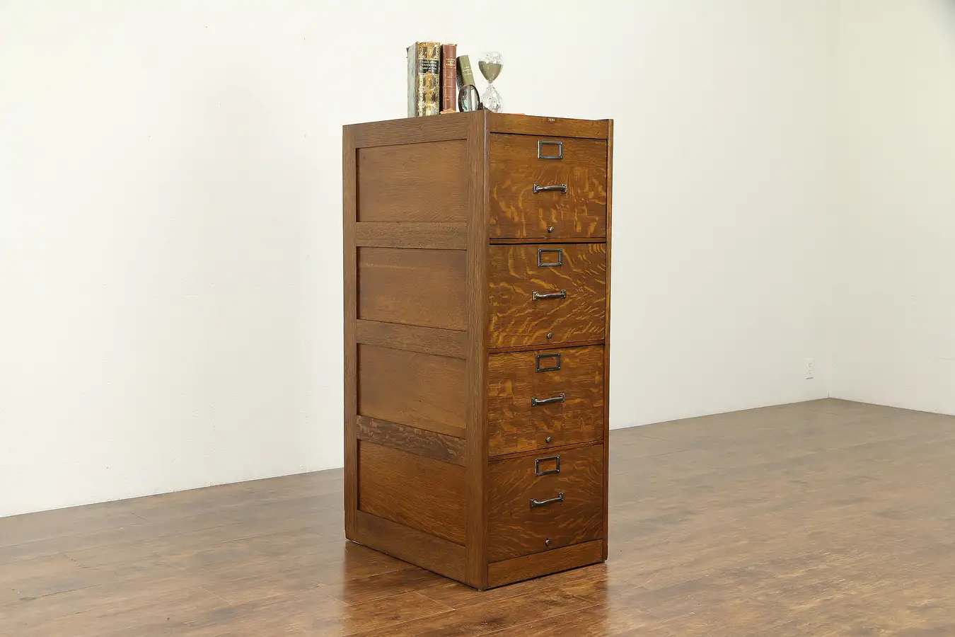 Main image of Oak Antique Craftsman 4 Drawer Legal or Music File Cabinet, Signed Globe