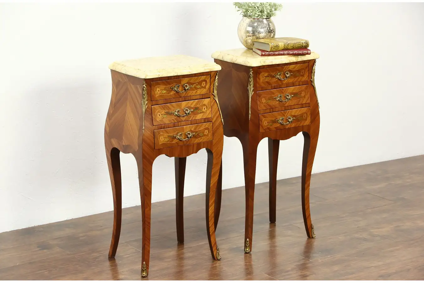 Main image of Pair French Marble & Marquetry Vintage Bombe Nightstands or End Tables, Signed