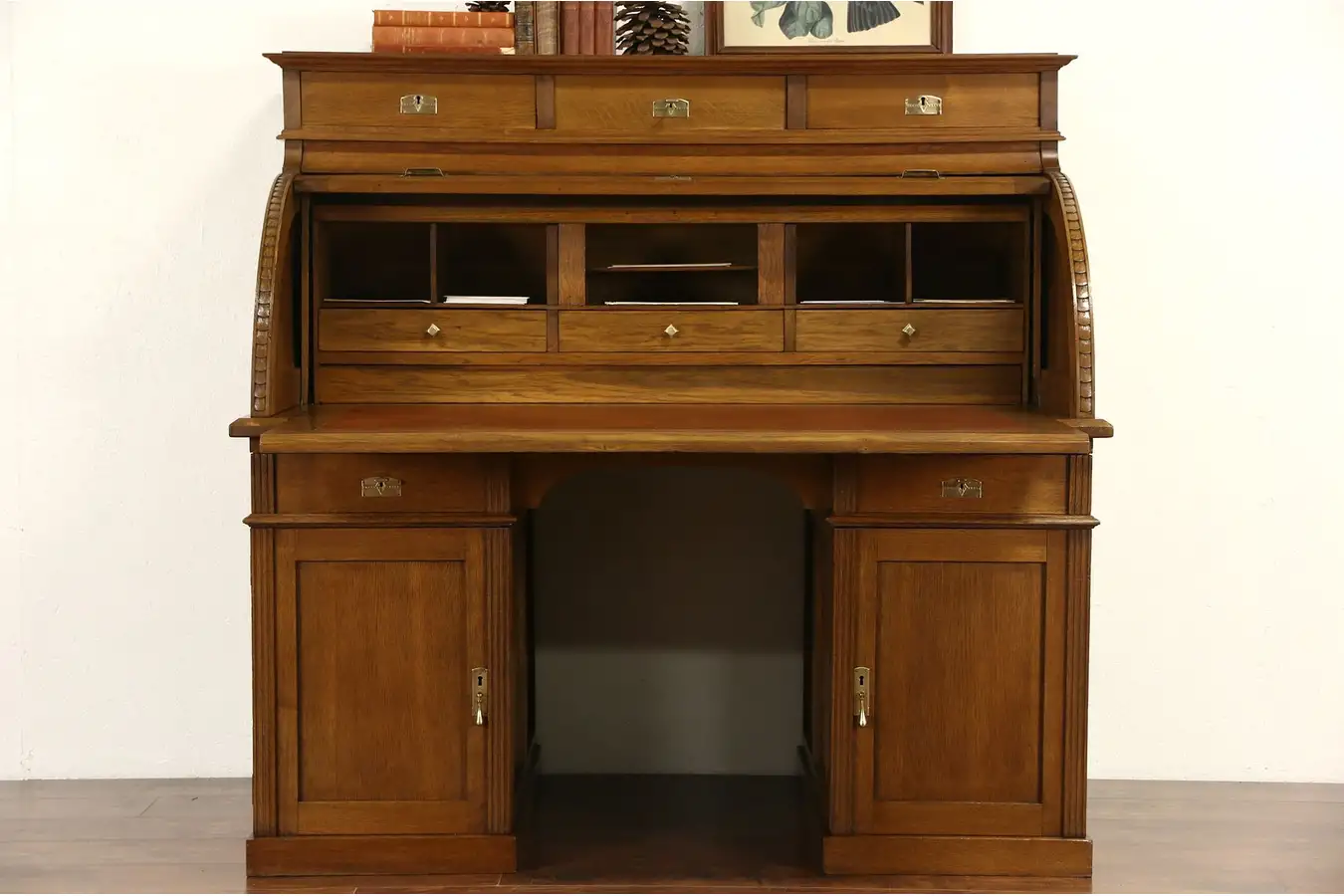 Main image of Oak 1900 Antique German Roll Top Cylinder Desk, Pull Out Leather Top